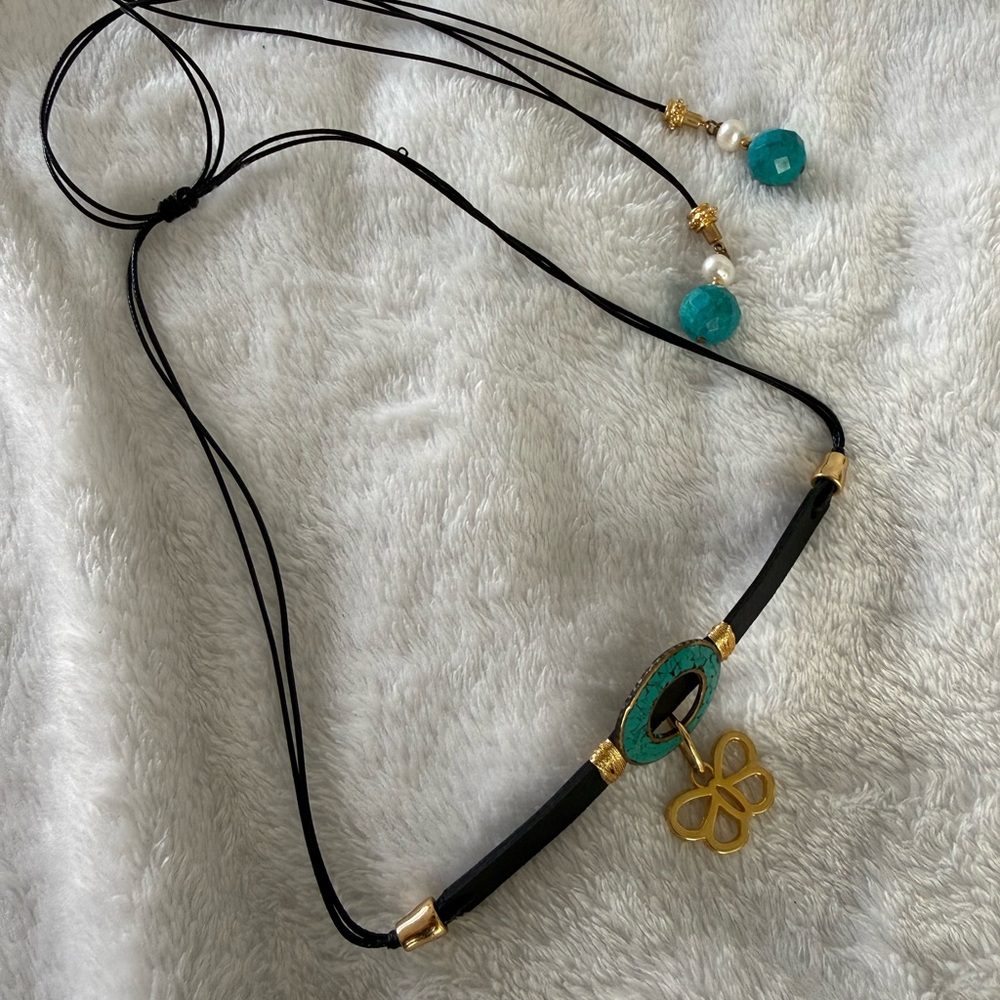 Teal Stone & Butterfly Pendant Adjustable Necklace